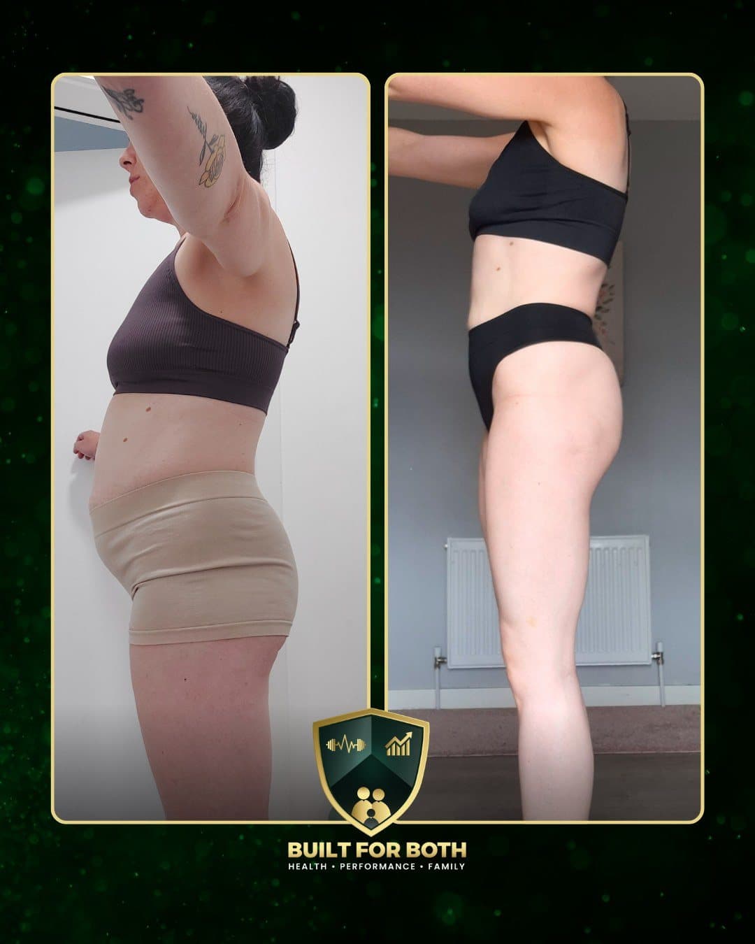 Antoinette, before and after: two side-on photos in the Built For Both frame