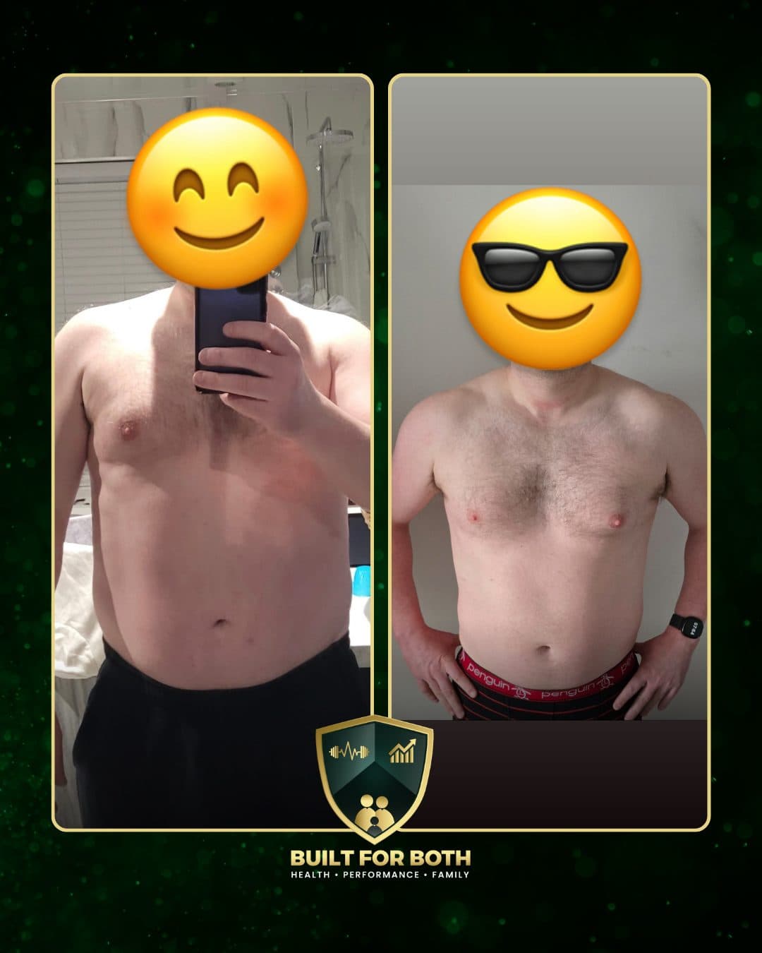 John, before and after: two photos side by side in the Built For Both frame, face covered