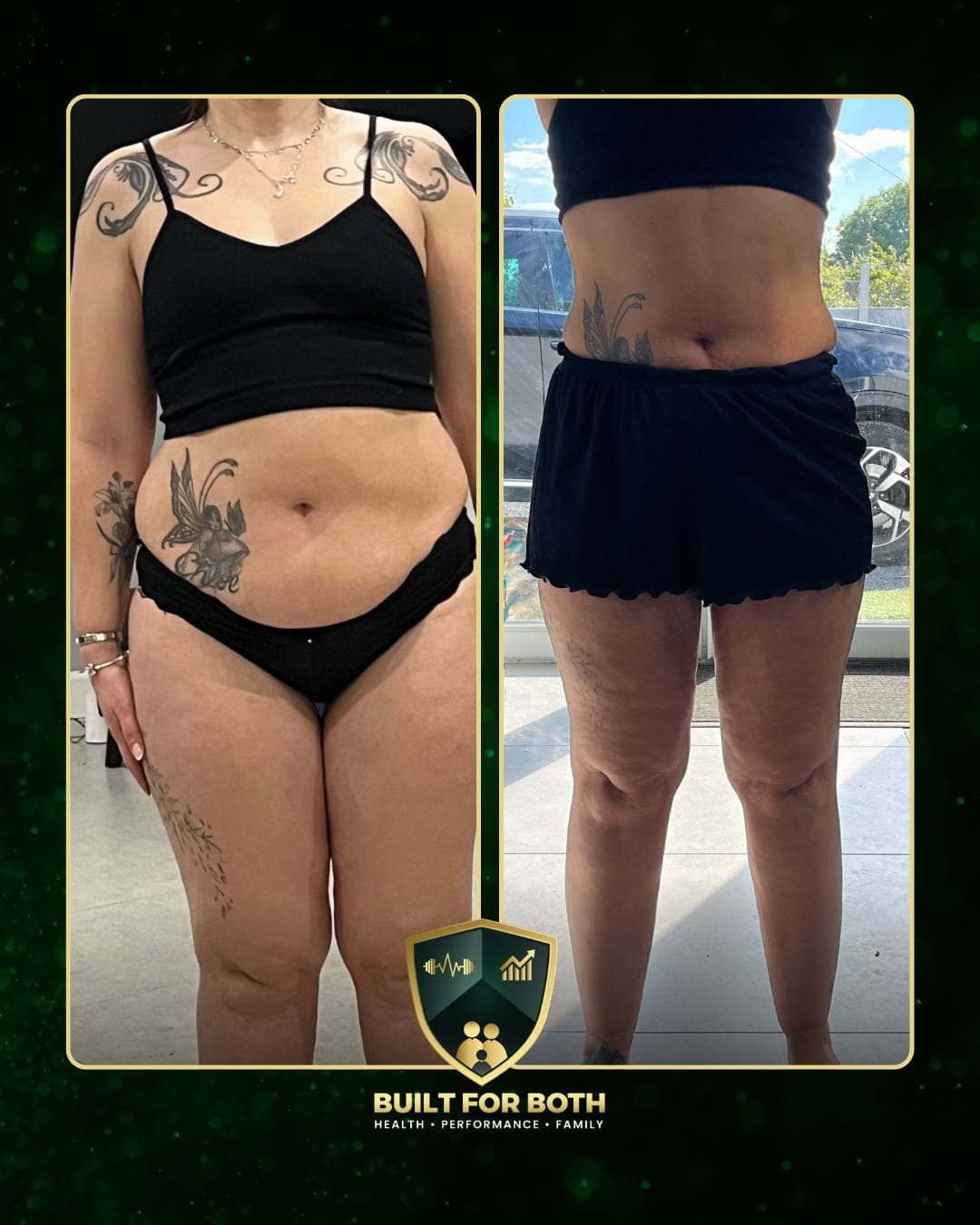 Siobhan, before and after: two front-on photos side by side in the Built For Both frame